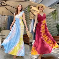 D152 Maxi Dress ชุเดรสมัดย้อม ชุดมัดย้อม ทรงคอวี แขนกุด ดีเทลน่ารัก ? ผูกรูดโบว์ช่วงบ่าได้เก๋ๆ ช่วงเอวแต่งสมอค ทำลายมัดย้อม ทั้งตัว