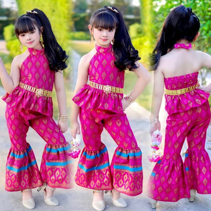 ชุดไทยประยุกต์เด็กหญิง-ชุดกางเกงขาบาน-ชุดย้อนยุคเด็ก-พร้อมส่ง