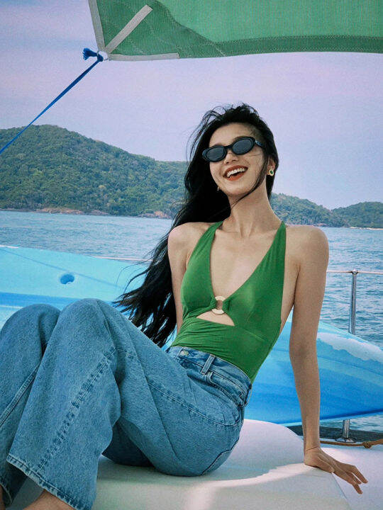 cremesu-ชุดว่ายน้ำวันพีซพิมพ์ลายสำหรับผู้หญิงชุดว่ายน้ำสีเขียวฉลุลายฉลุลายเซ็กซี่ใส่แล้วดูผอมยอดนิยมใส่ช่วงวันหยุดแช่น้ำพุร้อน