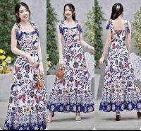 18538Maxi dress ผูกไหล่ลายดอกผ้าเชิง แบบผูกเอง เสื้อผ้าแฟชั่นผู้หญิง ชุดไปทะเล ชุดเซ็ท ชุดทำงาน สาวอวบ