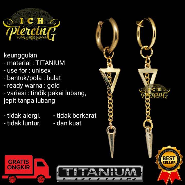 anting Hoop model segitiga rante bandul gold / anting tindik dan jepit
