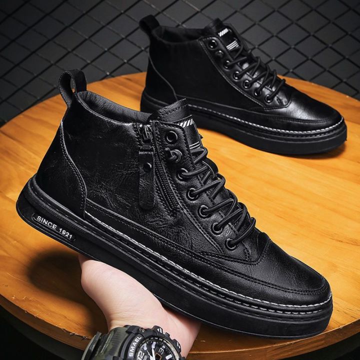 Korean High-cut Black Casual Shoes for Men PU Leather Waterproof ...