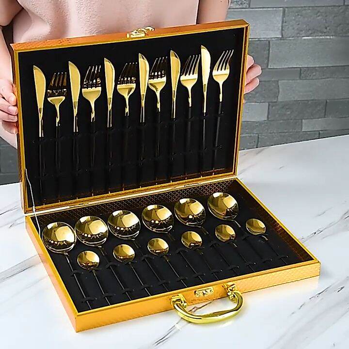 RYAN 24pcs Stainless steel dinner black gold cutlery set cutlery set