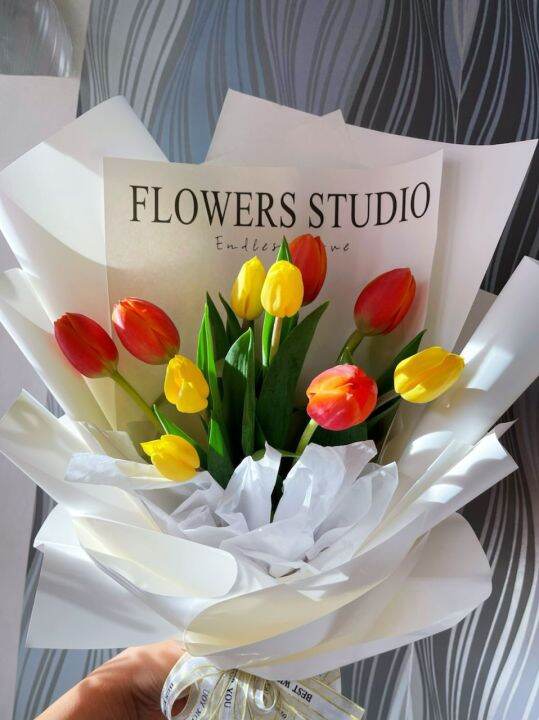 tulips hand bouquet imported fresh flowers orange yellow simple