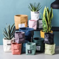 Nordic Style Flower &amp; Plant Ceramic Pot, Kraft Paper Bag Shap | กระถางต้นไม้ กระถางดอกไม้ สไตล์นอร์ดิก ทรงถุงกระดาษพร้อมถาดรอง THcornucopia