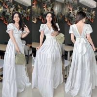 Maxi dress เจ้าหญิง แม็กซี่เดรสคอวีหน้าหลัง งานฟรีไซส์