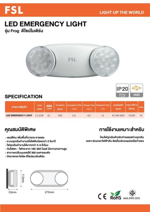 โคมไฟฉุกเฉิน-led-รุ่น-frog-ดีไซน์โมเดิร์น-ขนาด-2x2-5w-ยี่ห้อ-fsl-emergency-led-light