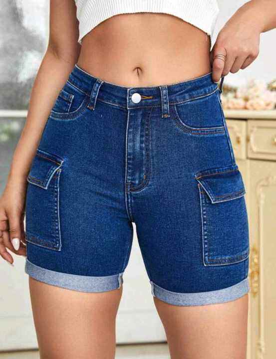 Flap Pocket Roll Up Hem Denim Shorts Lazada PH