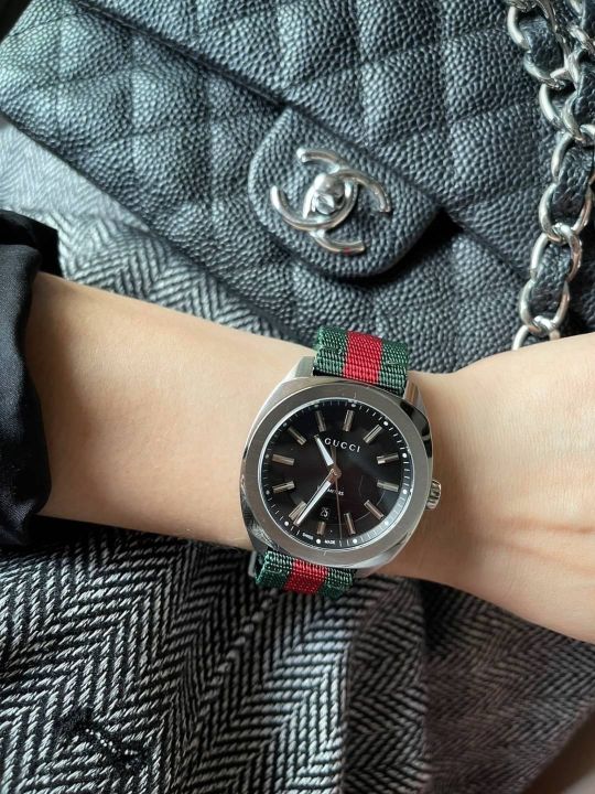 new-gucci-nylon-signature-หน้าปัดดำกรอบเงิน-ขนาด-41mm-สายไนลอน-เขียว-แดง-มีใบรับประกัน-อปก-กล่อง-แคร์การ์ด