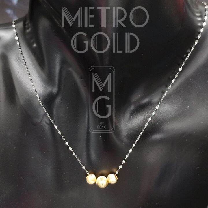 18K Saudi WHITE Gold Dancing Chain Necklace with Triple Cat's Eye