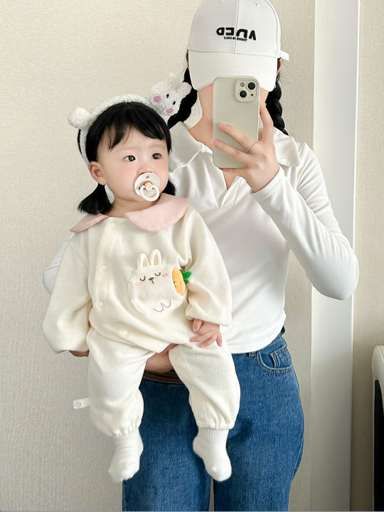ชุดหมีน่ารักสุดๆสำหรับเด็กทารกชุดฤดูใบไม้ร่วงแบบใหม่สไตล์เกาหลีสำหรับเด็กหญิงคอบัวกระต่ายชุดปีนเขา