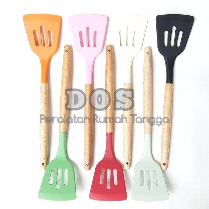 DOS 1bh Spatula / Sutil lubang silikon gagang kayu untuk teflon tahan