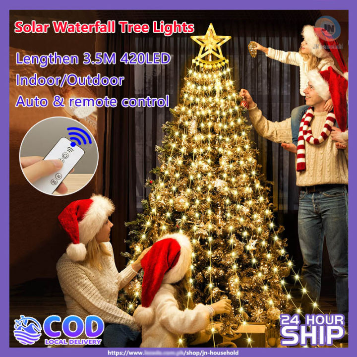 LED Solar Star Waterfall Light String Lights Remote Control Christmas Tree  Decor