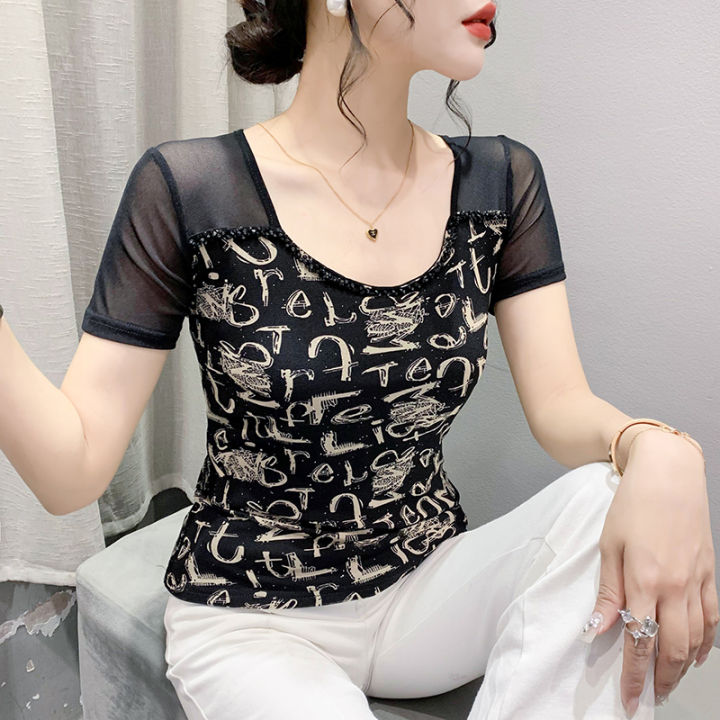 YIMEI Fashion Printed Mesh T-shirt Women's Short Sleeve Square Neck Top ...