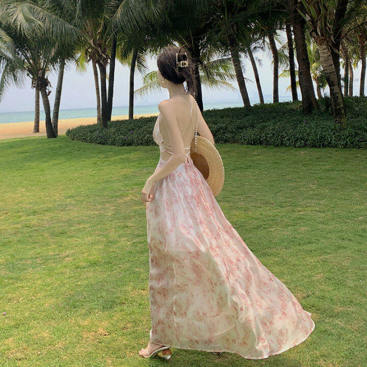 ชุดเดรสชายหาดใส่ไปริมทะเลในวันหยุดเดรสสายเดี่ยวคอวีเปิดหลังเดรสพิมพ์ลายเดรสยาวเรียบหรูใส่ไปริมทะเล