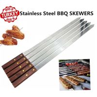 สแตนเลสสำหรับทำ บาบีคิว เคบับ / Stainless Steel Wide BBQ Skewers Long Wood Handle Barbecue Fork Stick Shish Kebab Grill / 1 piece