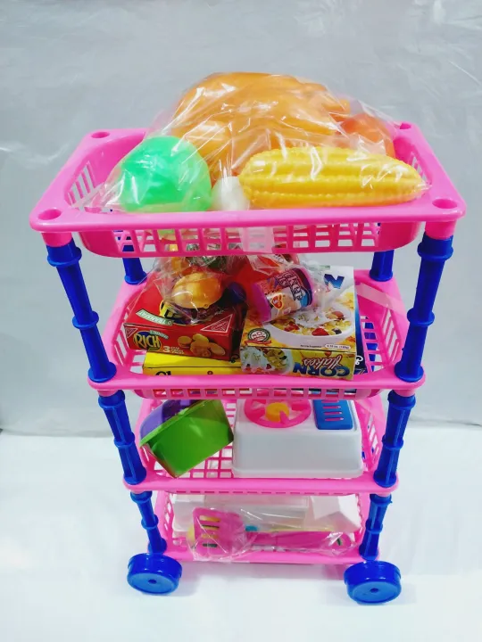 TROLLEY FOOD TRAY WITH VEGETABLE AND MEAT TOY, CEREALS AND KITCHEN