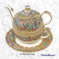 Tea pot with cup and saucer underneath for one (300 millilitres) handpainted by JJ Benjarong ชุดชากาซ้อนเบญจรงค์ กระเบื้อง Fine Porcelain ขนาด 300 มล.