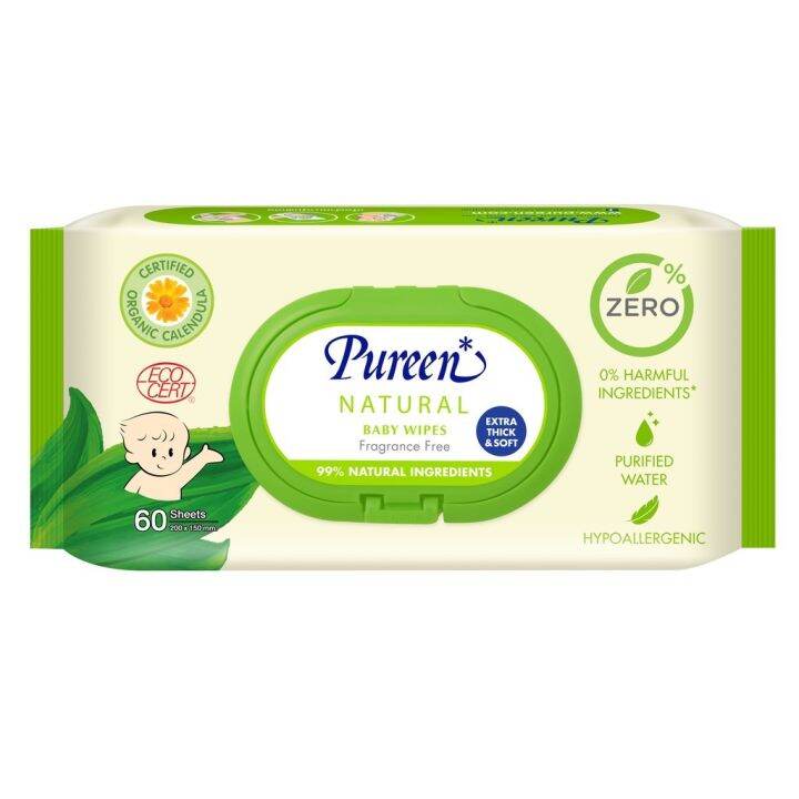 pureen-เบบี้ไวพส์-สูตร-เนเชอรัล-natural-baby-wipes-60-แผ่น-ผ้าเช็ดทำความสะอาดผิว