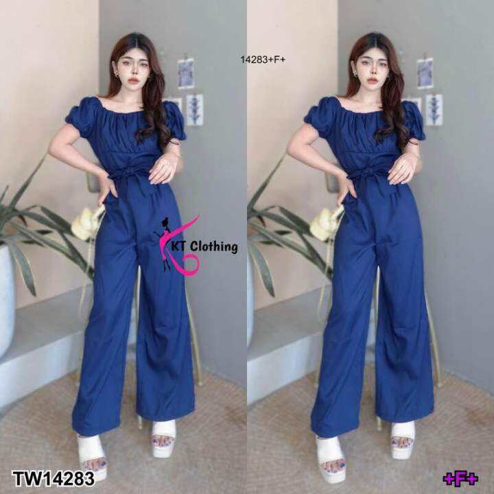 14283-jumpsuit-จั้มสูทขายาวผ้าซาร่า-งานแชนพองใส่ยกไหล่สวย-คอเหลี่ยมกว้างใส่แล้วดูออร่ามากค่ะ่วงอกจับจีบย่นน่ารัก