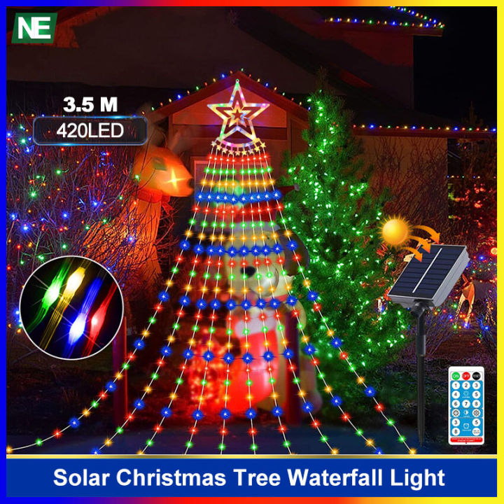 LED Solar Star Waterfall Light String Lights Remote Control Christmas Tree  Decor