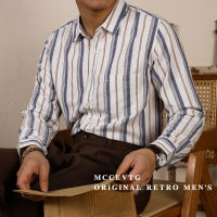 Mccevtg เสื้อเชิ้ตผ้าฝ้ายผสมลินินผู้ชายลายทางฤดูใบไม้ผลิและฤดูร้อนแบบบางเสื้อเชิ้ตแขนยาวสไตล์อเมริกันแบบลำลองแนววินเทจดูแพง