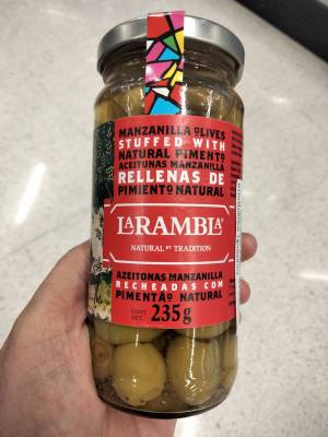 Larambla Manzanilla Olives Stuffed With Pimento 235g.มะกอกเขียวยัดไส้พริกหยวก ลาแรมบา 235 กรัม