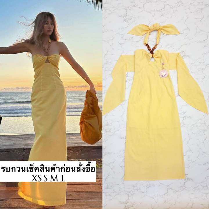 dress-เกาะอกตัวยาว-แต่งสายโซ่ผูกคอ-บิดเกรียวช่วงอกด้านหน้า-เว้าช่วงอกเล็กน้อย-ผูกโบว์เข้ารูปด้านหลัง-ช่วงเอวเข้ารูปใส่ออ