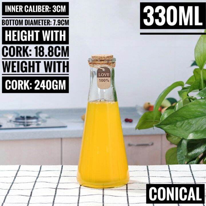 330ml Conical Glass Bottle + Wooden Cork for cold brewed tea glass