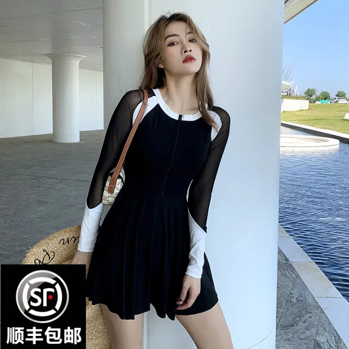 Swimsuit Women S Hot Spring Large Size Chubby Girl S Long Sleeved One Piece Dress Casual Belly Covering Slimming Black Comfortable Swimsuit Lazada Singapore