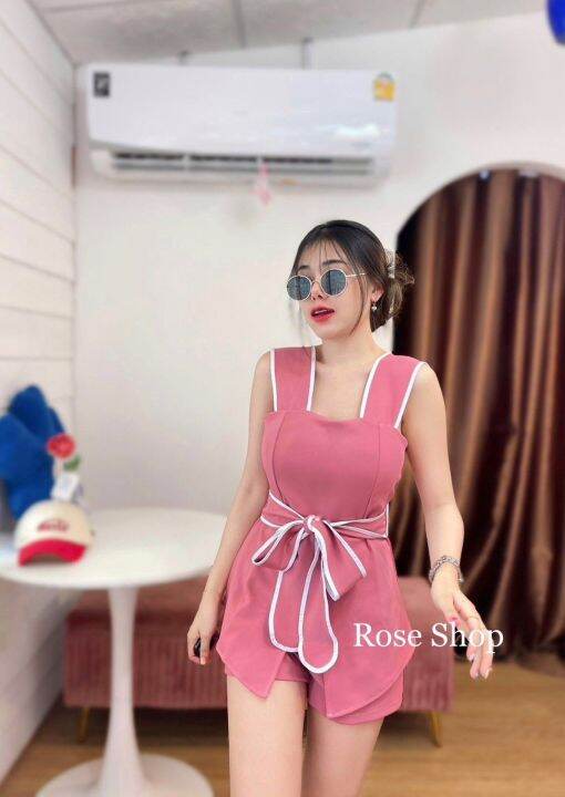 clo-rose-shop-ชุดเซ็ตงานป้าย-เสื้อสายเดี่ยวเสริมฟองน้ำผ่าหน้ามีสายผูกเอว-กางเกงขาสั้นผ้าเทพเนื้อดีมาก