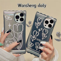 Play Sheng เคสลูกอมลายดอกทิวลิปลายเส้นภาพสีน้ำมันสีเงินชุบด้วยไฟฟ้าเคสมือถือ iPhone 13 PROMAX iPhone 11แบบใหม่14Pro หญิง12คู่รัก14PM เคสป้องกันซิลิโคนกันกระแทกสร้างสรรค์