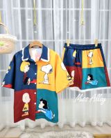 Go Style​ Set2ชิ้น ชุดเซ็ตเสื้อคอปกและกางเกงแต่งลูกไม้ลายsnoopy สีสดใส