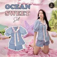 ?BLT Brand แบรนด์แท้ ชุดเข้าเซ็ทสีฟ้าวันแม่ เสื้อคอปกระบาย พร้อมปักดอกไม้ + กางเกง ทรงสวยน่ารัก Colors : Ocean Sweet มีฟองน้ำอก ซับในซ่อนตะเข็บทั้งชุด . Concept : Sweet &amp; Sassy