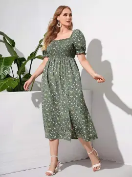 TASHA SLIT DRESS PLUS SIZE [INF], korean dress, bangkok dress, long dress,  off shoulder dress, puff sleeves dress, plus size dress, women ladies  casual elegant dress dresses chiffon long maxi square collar