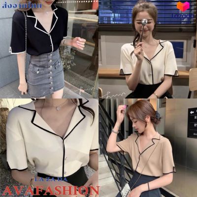 AVAFASHION🧸พร้อมส่ง3สี!! เสื้อไหมพรมคอปก แขนสั้น กระดุมหน้า สุดน่ารักแบบใหม่ (41)