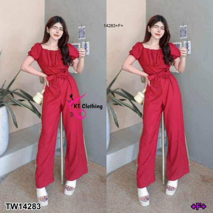 14283-jumpsuit-จั้มสูทขายาวผ้าซาร่า-งานแชนพองใส่ยกไหล่สวย-คอเหลี่ยมกว้างใส่แล้วดูออร่ามากค่ะ่วงอกจับจีบย่นน่ารัก