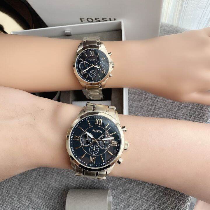 ของแท้100-สีทอง-นาฬิกาคู่รัก-fossil-bq2400set-his-and-her-chronograph-stainless-gold-couple-watch-bq2400