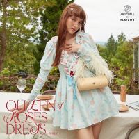 FLAT2112 FF0355 : QUEEN OF ROSES DRESS มินิเดรส เดรสแขนยาว เดรสลายดอกไม้ เข็มกลัดดอกไม้