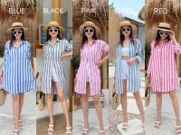 Mini dress shirt ชุดเดรสสั้น เดรสเชิ้ตลายริ้วทรงเรียบง่าย เดรสเชิ้ต ใส่คลุม ผ้านิ่ม