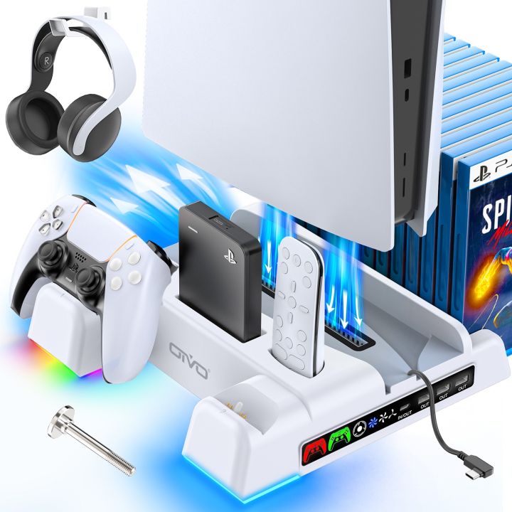 OIVO PS5 Stand and Cooling Station with RGB LED Controller Charging Station for Playstation 5