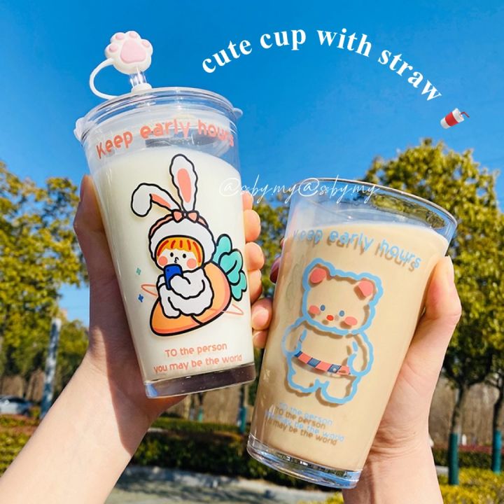 Glass Milk Cup for Kids Children's Cartoon Water Bottle Heatable