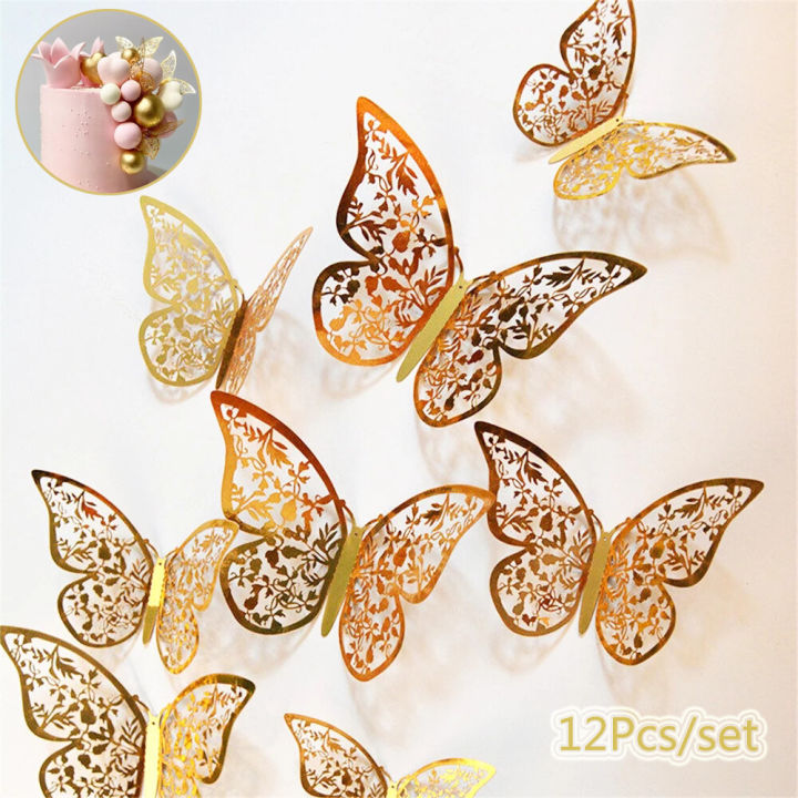 12pcs/set Butterfly Cake Topper Gold Hollow Simulation Butterflies for  Wedding Baby Shower Happy Birthday Party