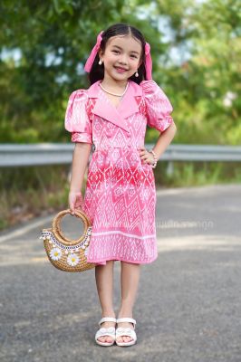 DE-13 เดรสผ้าฝ้าย เดรสผ้าไทย คอปก สีชมพู ชุดไทยเด็กหญิง