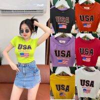 เสื้อครอปแขนสั้นสกรีนลายusa มี 6สี ม่วง เขียวนีออน ขาว เหลือง ดำ  ส้ม แดง พร้อมส่ง