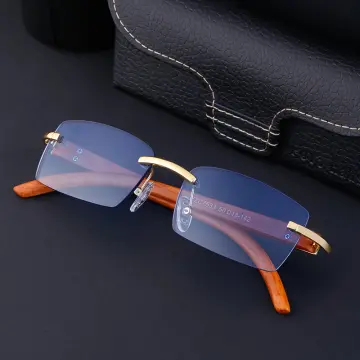 Vintage Rimless Rectangle Sunglasses For Men Women Wood Grain Legs