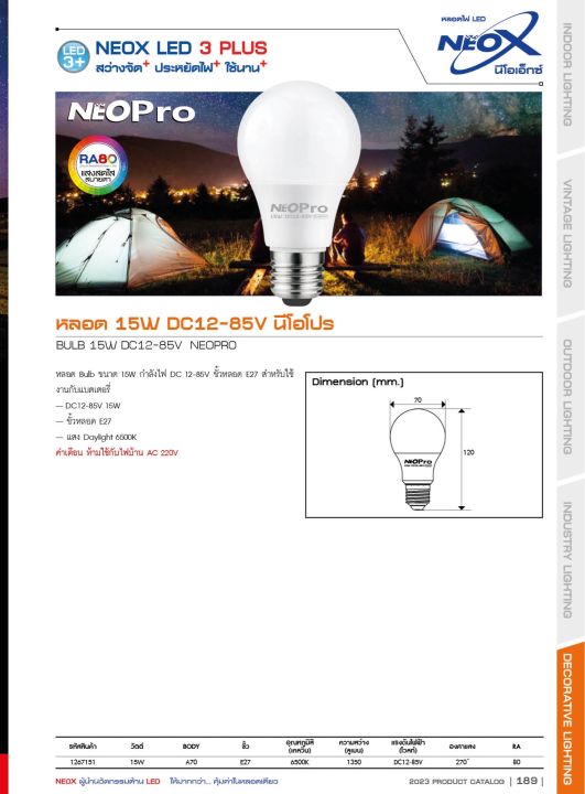 neox-หลอดไฟ-led-dc-12-85v-15วัตต์-ขั้ว-e27-สำหรับใช้กับไฟแบตเตอรี่และโซล่าเซลล์-ห้ามใช้ร่วมกับไฟบ้าน-220v