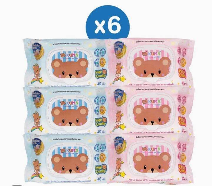 kuma-กระดาษทิชชู่เปียกคุมะ-ทิชชู่เปียกคุมะรุ่นฝาปิด1แพ็ค6ห่อ-1ห่อมี40แผ่น-ทิชชู่เปียกปราศจากแอลกอฮอล์-ทิชชู่คุมะทำความสะอาดแบบเปียก