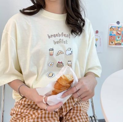 เสื้อยืดโอเวอร์ไซส์ ลายBreakfast ขนมปังมินิมอล