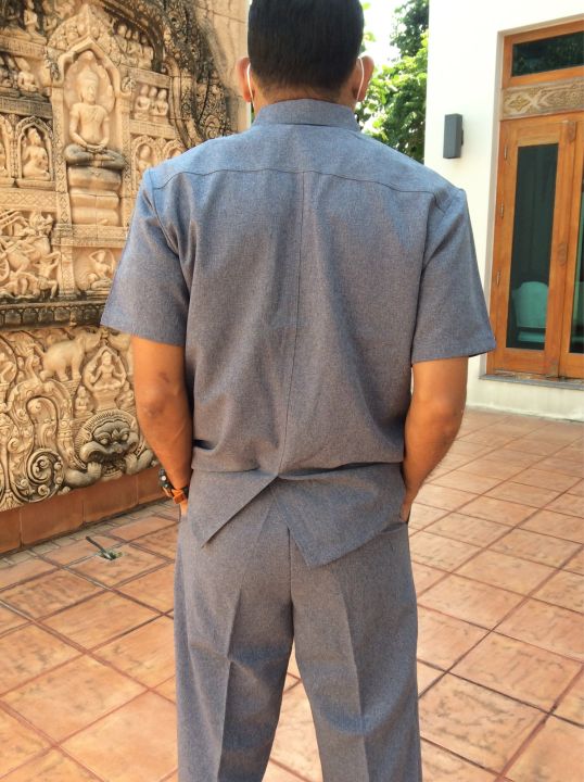 ชุดซาฟารีผู้ชาย-เสื้อ-กางเกง-แบบกระเป๋าเจาะ-แบบบ่าอินธนู-สีเทา-อสม-ชุด-รปภ-ชุดยูนิฟอร์ม-พร้อมส่ง